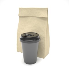 Coffee to go and lunch bag, on white.