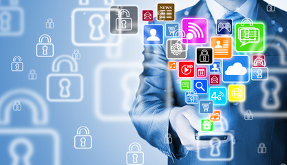 Business man using smart phone with social media icon set