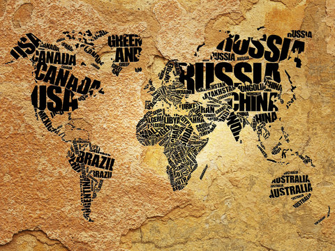 World Map in Typography word cloud concept, names of countries on old wall texture background