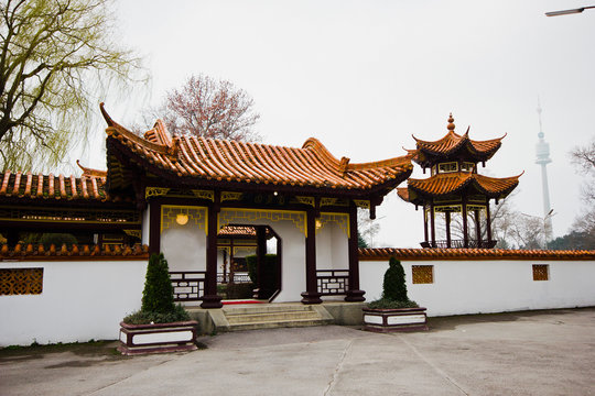 Austria, Vienna, 10 March 2016: The Chinese Restaurant In The City Center. Exterior Asian Cuisine Restaurant With Pagoda.