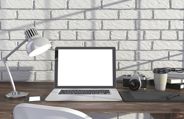 3D illustration laptop and work stuff on table near brick wall, Workspace