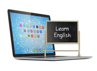  Laptop with chalkboard, learn english, online education concept