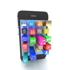  application software icons extruding from smartphone, isolated on white