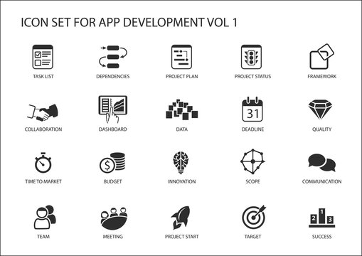 Vector icon set for app / application development. Reusable icons and symbols like task list, dependency, project plan, communication