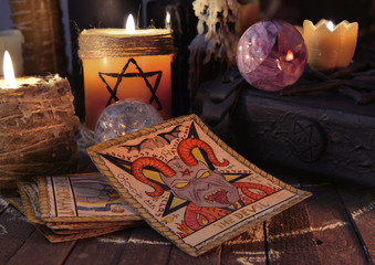 Still life with tarot cards, magic crystals and candles