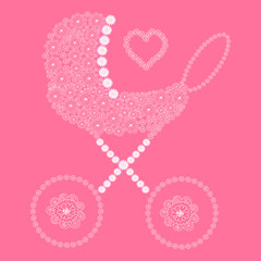 Baby carriage with curling figured flowers and heart. Vector purple pram for newborns, red colors
