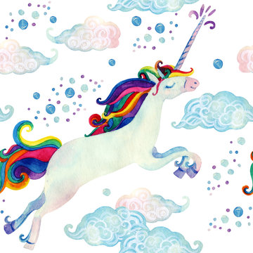 Watercolor fairy tale seamless pattern with flying unicorn, magic clouds and rain