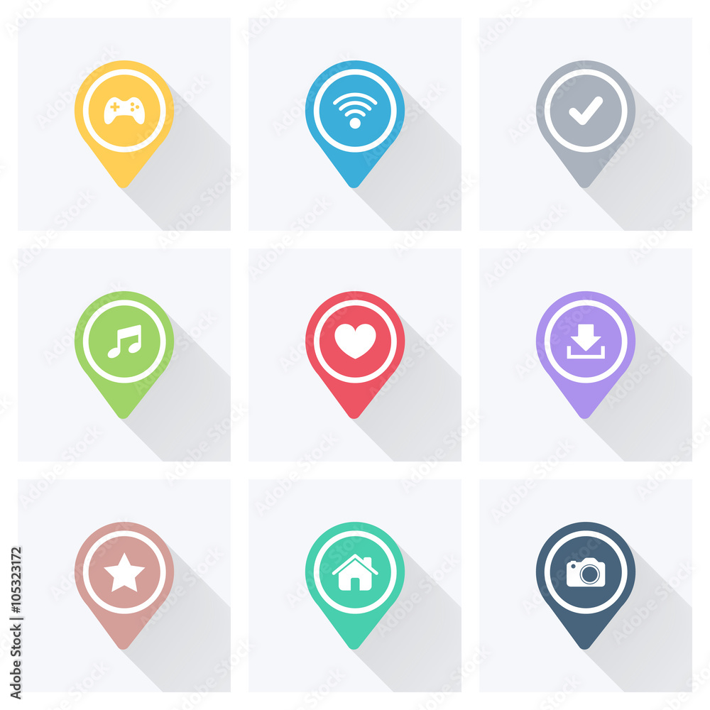 Poster Set of color pointers and markers for map and plan with white icons on grey background with long shadow. Vector illustration.