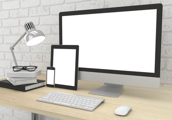Fototapeta premium Responsive mockup screen. Monitor, tablet, phone on table in office.