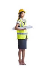 Architect woman with yellow helmet and plans