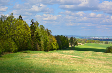 Naklejka na ściany i meble Green spring landscape with meadows and trees