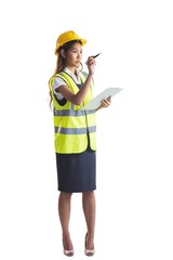 Architect woman with yellow helmet and plans