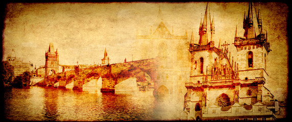 Grunge background with paper texture and landmarks of Czech Repu
