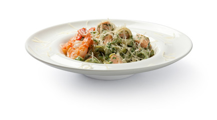 Pasta with shrimps and salmon. Front view.