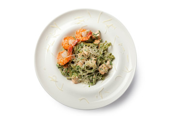 Pasta with shrimps and salmon. Top view.