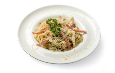 Pasta Carbonara. High angle view.