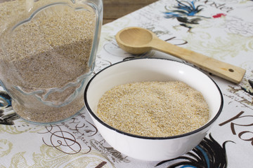 Raw oat bran on cloth background