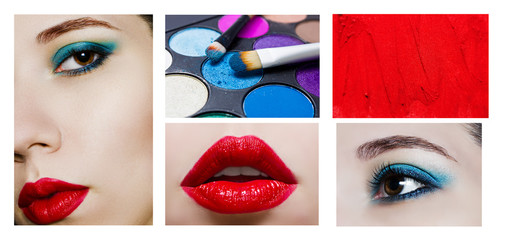 Collage with makeup products and close up portrait of beauty mod