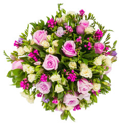 Bouquet of flowers top view isolated on white