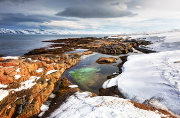 Arctic landscape, the coast of the Barents Sea in spring