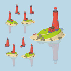 Red lighthouse. 3D lowpoly isometric vector illustration. The set of objects isolated against the light-blue background and shown from different sides