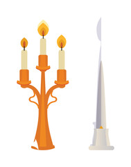 Retro candlesticks with candles flat vector isolated on white. 