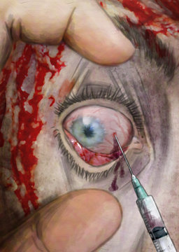 Zombie morto vivente e iniezione con siringa, horror, splatter.
Originale pronto per la stampa 300 dpi 2281x3207 pixel