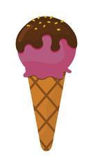 Soft serve ice cream in chocolate on wooden stick with pink icing and sprinkles vector. 