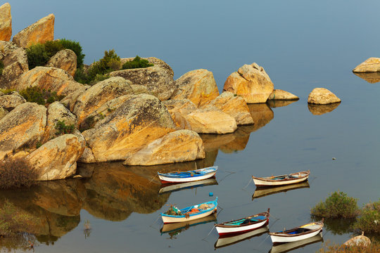 Lake Bafa near Bodrum, Mugla. The lake and the fishing boats in a very tranquil scene. The region is the culture and nature rich national park and  important for tourism and tourists