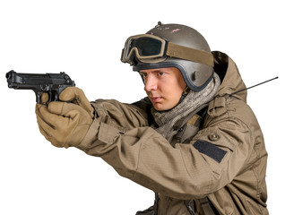 Fototapeta premium Special forces soldier with rifle on white background