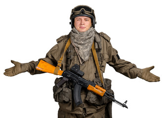 Fototapeta premium Special forces soldier with rifle on white background