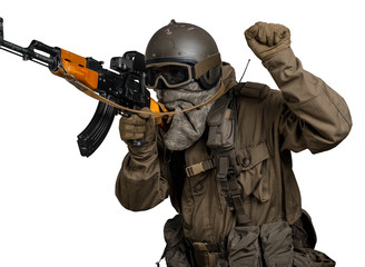 Special forces soldier with rifle on white background