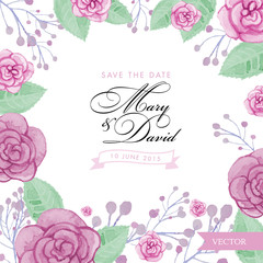 Watercolor Roses Wedding Invitation Template. Save The Date vector illustration with pink ribbon