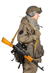 Special forces soldier with rifle on white background