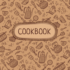 cookbook cover with kitchen items