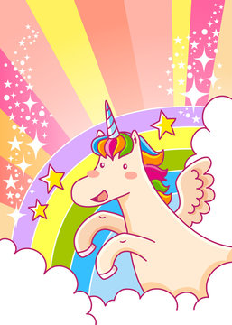 cartoon unicorn flying over the rainbow with glitters and space for text
