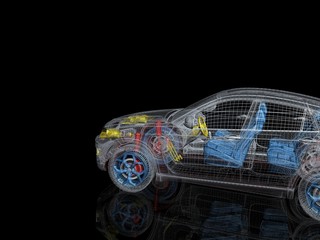 3d car model on a black background. Render image with parts of the car