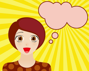 Happy woman face with open mouth. Manga style. Comic girl with speech bubble for your text. Brown hair and brown eyes. Radiant blue background. Vector illustration.