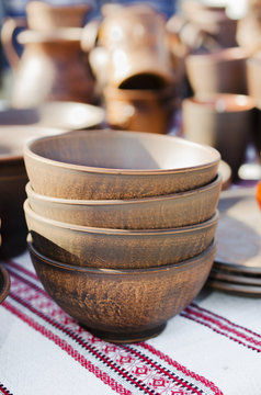 Pottery, traditional handmade souvenirs on the table. Crafts Fai