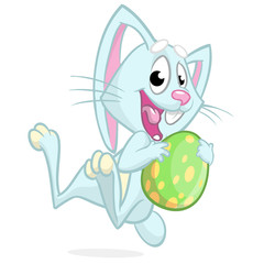 Easter bunny jumping with colored egg. Vector illustration of a blue bunny jumping with Easter colored egg