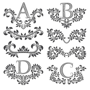 Design ornamental elements and monograms set. Floral tattoo in vintage baroque style. Vintage page ornate decorations.