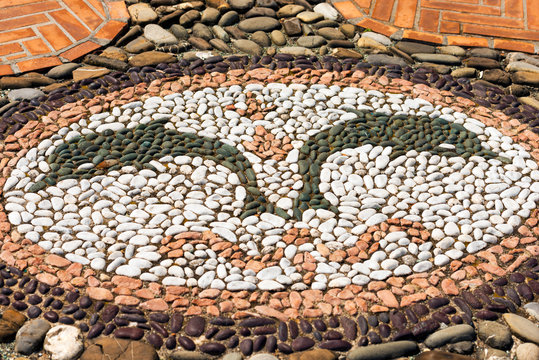 Two Dolphins - Bonassola Italy / Detail of the church square with two dolphins, of the oratory dedicated to St. Erasmo (XVI century) in Bonassola, ancient village, La Spezia, Liguria, Italy