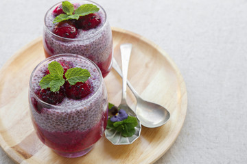 Chia seeds pudding with red dragon fruit and mango