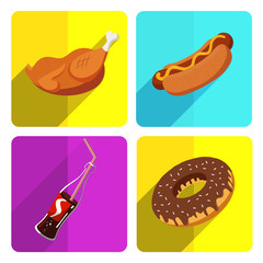 Colorful Fast Food Icon Set on Bright Background 