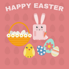 Happy Easter Greeting Card. Easter Bunny, Easter Chicken and Easter Basket with Daisies and Eggs. Easter Eggs Texture Red Backdrop. Digital background vector illustration.