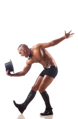 Nude man dancing on the white background