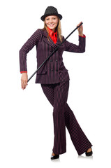 Woman with walking stick isolated on the white