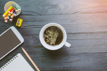 coffee and office accessories on desk work, workspace of desk wo