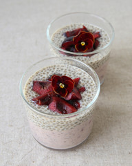Chia seeds pudding with cherry, selective focus