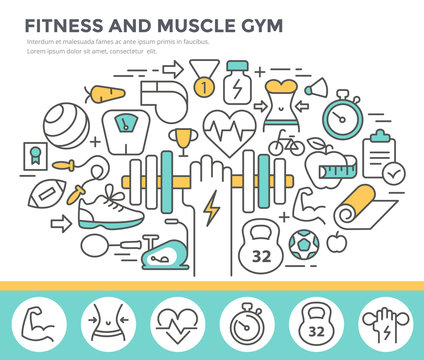 Fitness and muscle gym concept illustration, thin line flat design